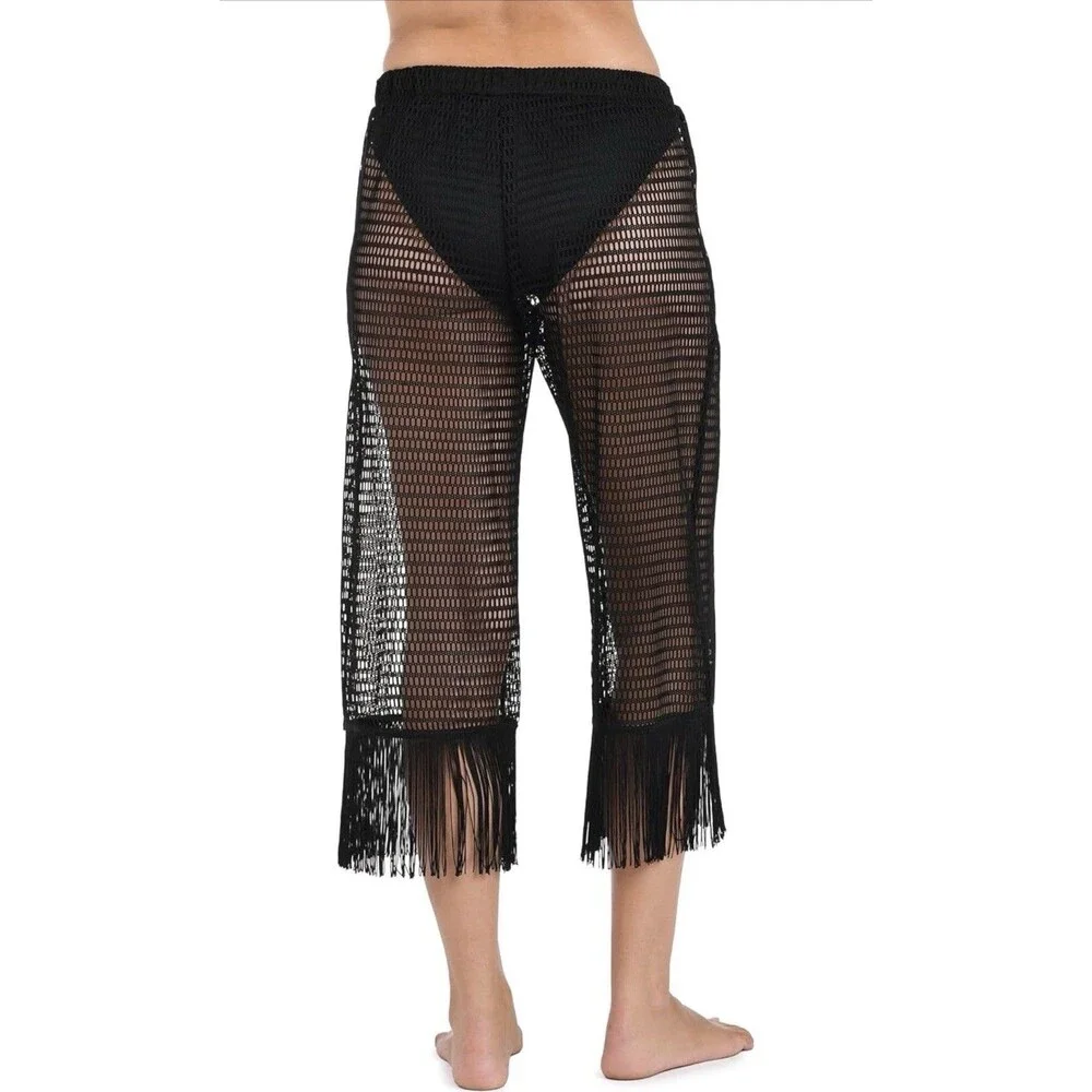 La Blanca Womens Sheer Fringed Detail Waistband Cropped Cover-Up Pants -✨NWT-LG